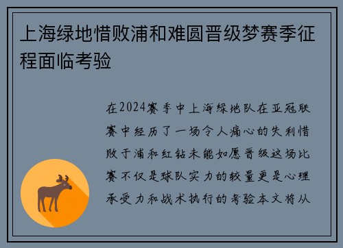 上海绿地惜败浦和难圆晋级梦赛季征程面临考验