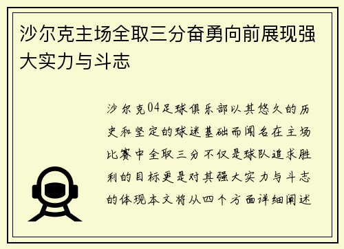 沙尔克主场全取三分奋勇向前展现强大实力与斗志