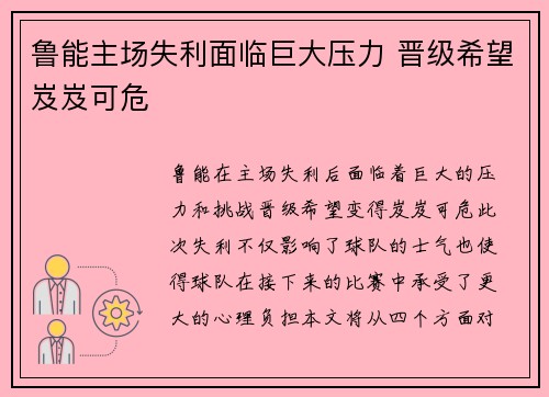 鲁能主场失利面临巨大压力 晋级希望岌岌可危