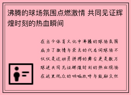 沸腾的球场氛围点燃激情 共同见证辉煌时刻的热血瞬间