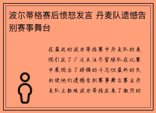 波尔蒂格赛后愤怒发言 丹麦队遗憾告别赛事舞台