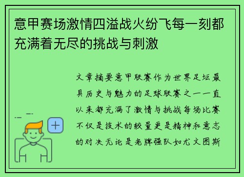 意甲赛场激情四溢战火纷飞每一刻都充满着无尽的挑战与刺激