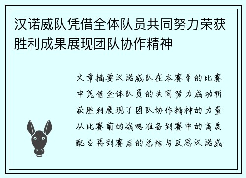 汉诺威队凭借全体队员共同努力荣获胜利成果展现团队协作精神
