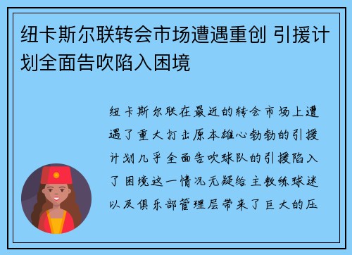 纽卡斯尔联转会市场遭遇重创 引援计划全面告吹陷入困境