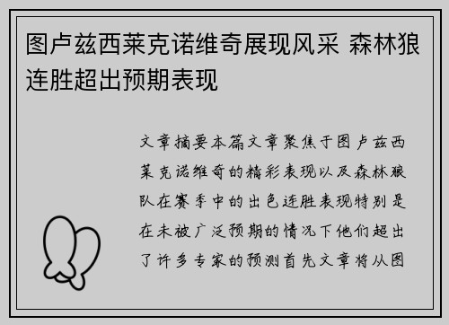 图卢兹西莱克诺维奇展现风采 森林狼连胜超出预期表现