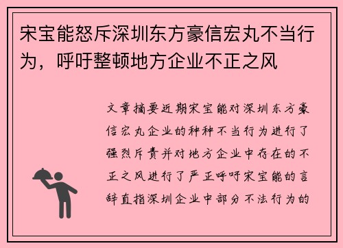 宋宝能怒斥深圳东方豪信宏丸不当行为，呼吁整顿地方企业不正之风