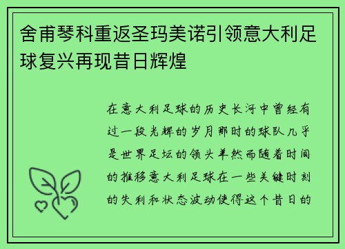 舍甫琴科重返圣玛美诺引领意大利足球复兴再现昔日辉煌