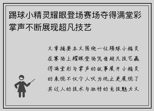 踢球小精灵耀眼登场赛场夺得满堂彩掌声不断展现超凡技艺
