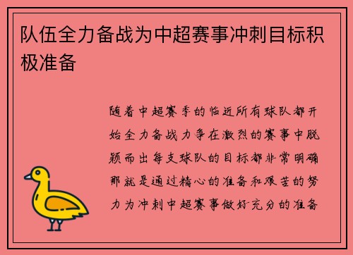 队伍全力备战为中超赛事冲刺目标积极准备
