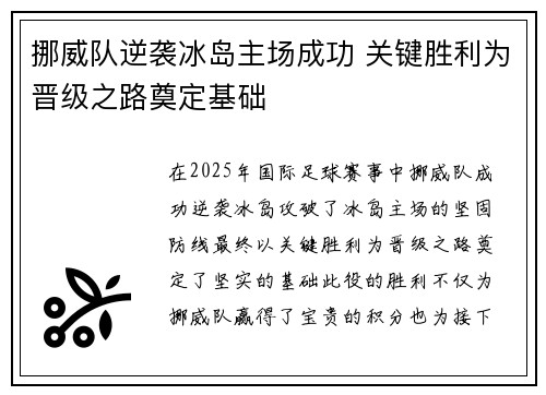 挪威队逆袭冰岛主场成功 关键胜利为晋级之路奠定基础