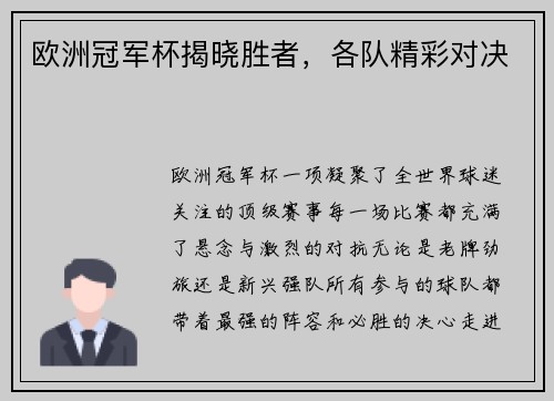 欧洲冠军杯揭晓胜者，各队精彩对决