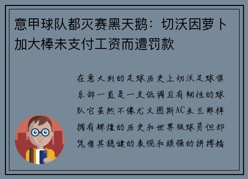 意甲球队都灭赛黑天鹅：切沃因萝卜加大棒未支付工资而遭罚款