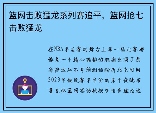 篮网击败猛龙系列赛追平，篮网抢七击败猛龙