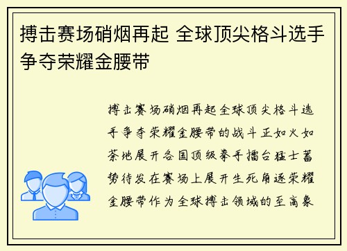 搏击赛场硝烟再起 全球顶尖格斗选手争夺荣耀金腰带