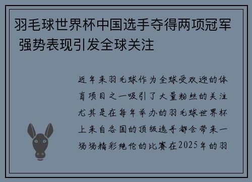 羽毛球世界杯中国选手夺得两项冠军 强势表现引发全球关注